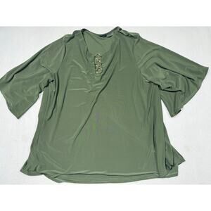 Studio 1886 Green V-Neck Top Gold Ring Detail Short Sleeve Stretchy 1X (18W-20W)